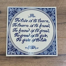DELT BLAUW Dutch Made in Holland Blue & White 'Live & Learn' Quote 6" Tile