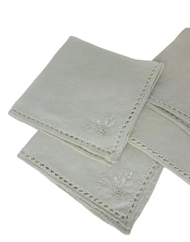 Vintage Set of 4 Dessert/ Cocktail Cloth Napkins Embroidered, Cutwork Edging MCM - Picture 3 of 12