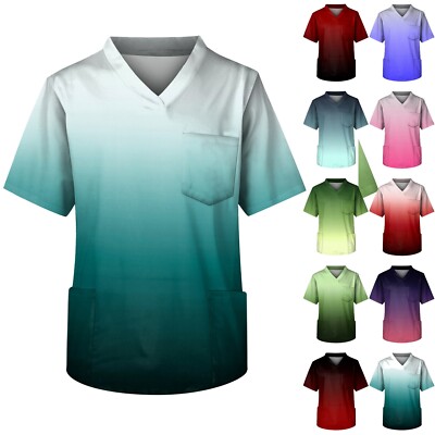   Mens Scrub Tops Short Sleeve V Neck Working Unifroms Gradient Print w/Pockets