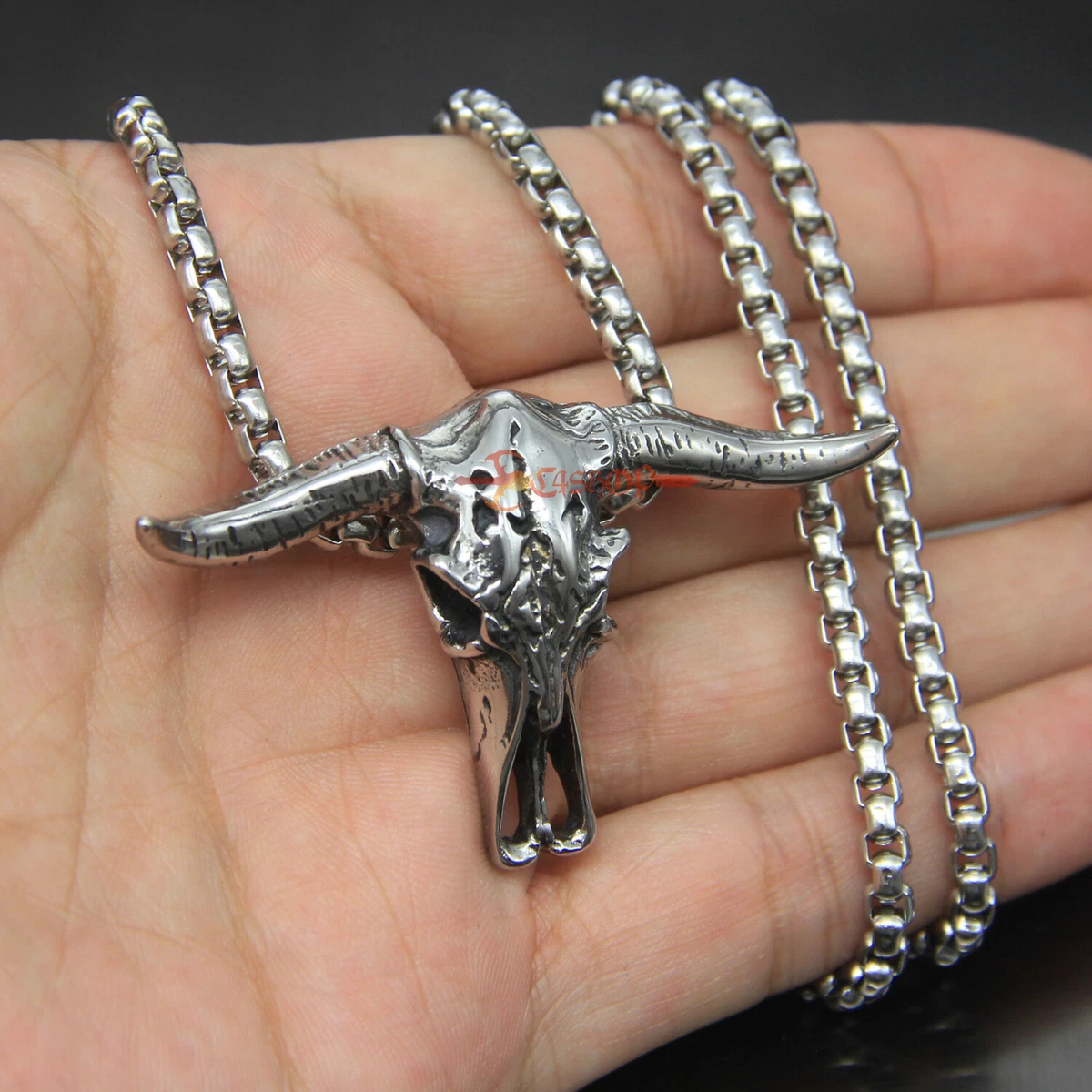 Grand Collier Sautoir Vintage - Pendentif Tête De Buffle Avec Perles En Verre Facettées