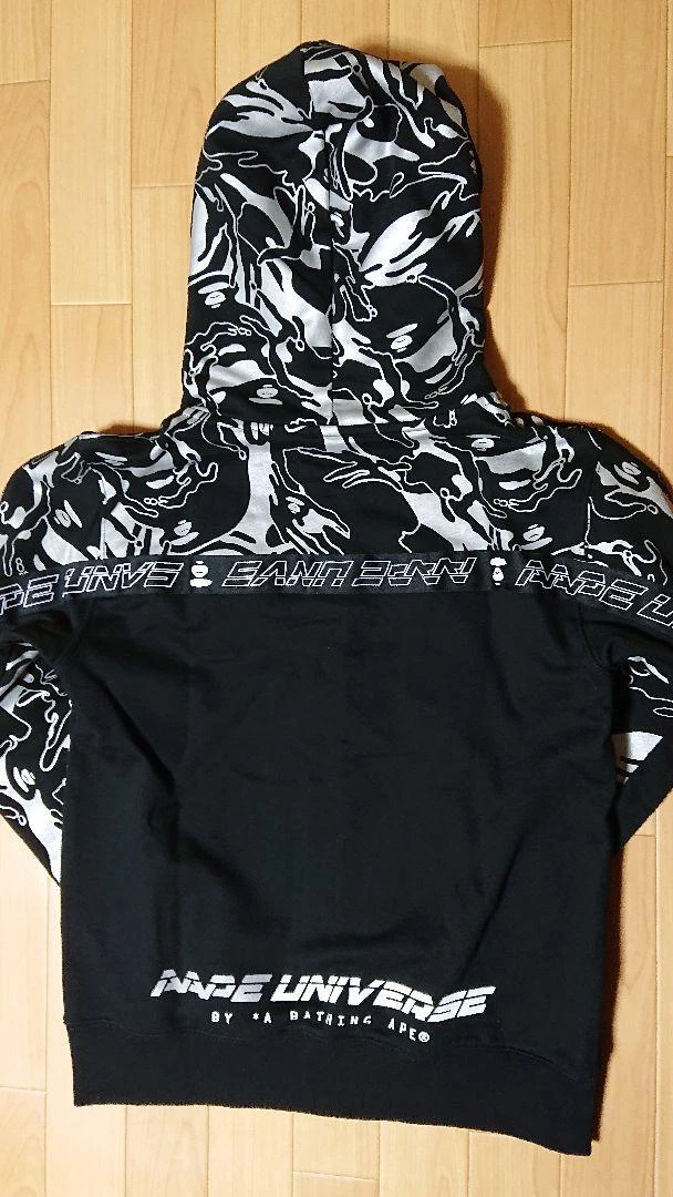 A BATHING APE (BAPE) Felpa con cappuccio BAPE M autentica rara parka mimetico zip nero argento come nuova