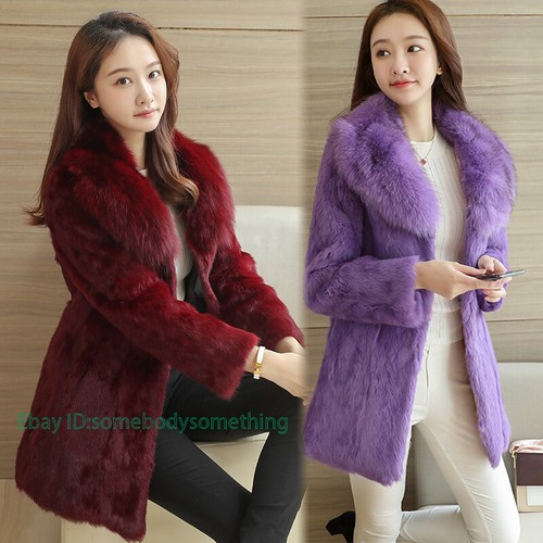 Womens 100% Real Rabbit Fur Coat Fox Fur Collar Mid Long Wainter Warm Jacket