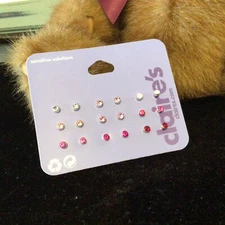 NWT Claire's set of 9 Silver Crystal Pink Stud Earring Set 