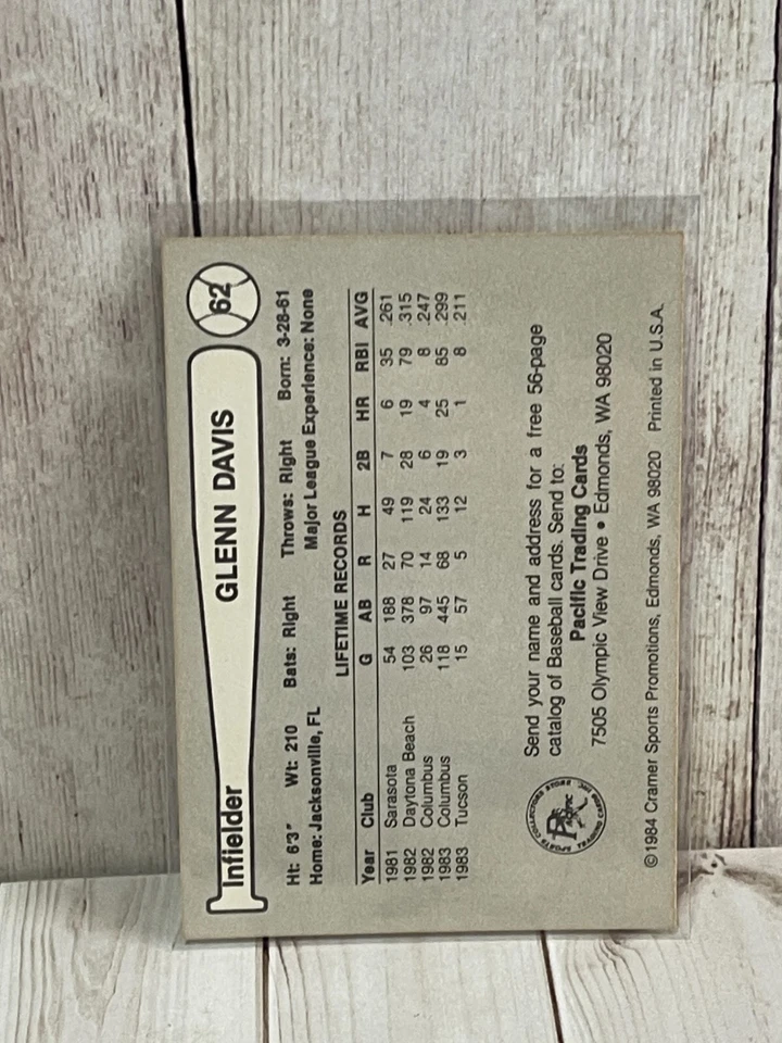 1984 Tucson Toros Cramer #62 Glenn Davis (pre-RC) - Image 2 of 2