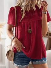 Women's Lace Yoke Short Sleeve Blouse With Pleated Front