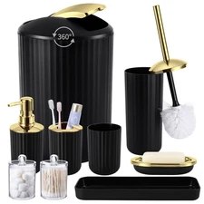 9PCS Black and Gold Bathroom Accessories Set Complete with Trash Can, Vanity ...