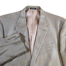 Chaps 100 Silk Blazer Mens 48R Houndstooth Plaid Brown Sportcoat Jacket Classic