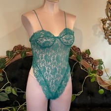 Vintage Floral Lace V-Neck High Cut Bodysuit Spaghetti Strap Teal Blue Medium