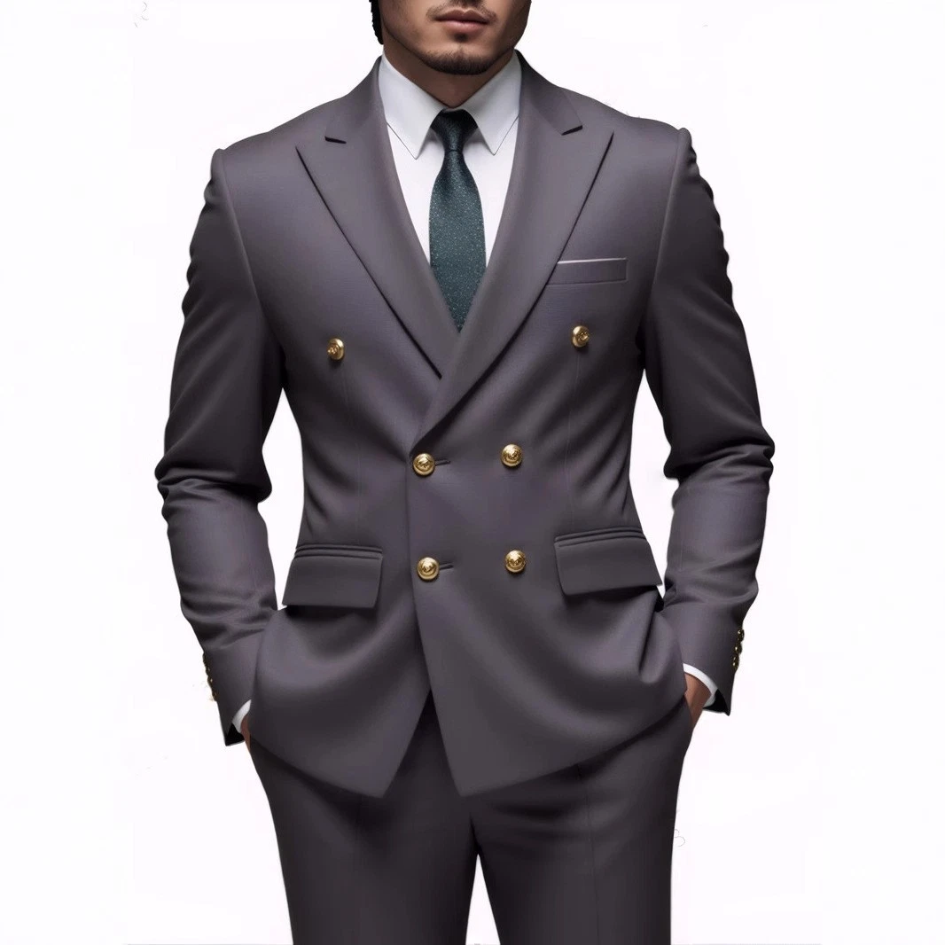 Business Non-Iron Two-Piece Suit With Double-Breasted Gold Buttons