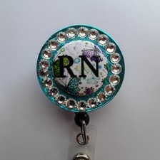 RN blue butterfly Medical Retractable ID Badge Reel with flat back crystals