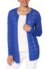 Susan Graver Women's Pointelle Stitch Open Front Cardigan Cobalt