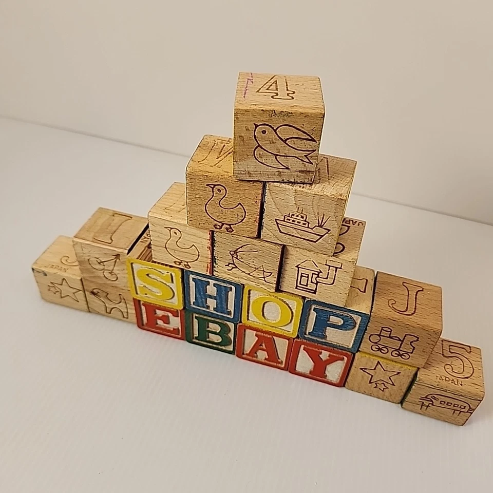 Vintage 20-Piece Wooden Children Alphabet Number Picture Toy Blocks Japan - Image 2 of 4