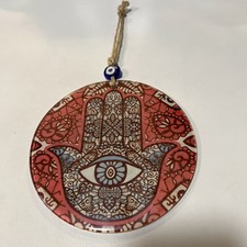 Turkish Glass Hamsa Nazar Evil Eye Wall Hanging 6" Red Blue Hanging Decor