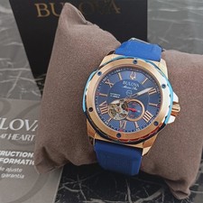 Bulova Men's 98A227 Marine Star Automatic Blue Gold Dial Rubber Strap Watch 45MM