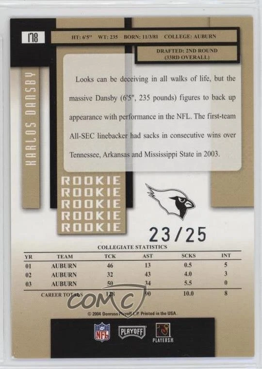 2004 Playoff Prestige Rookie Xtra Points Black /25 Karlos Dansby #178 Rookie RC - Image 2 of 2