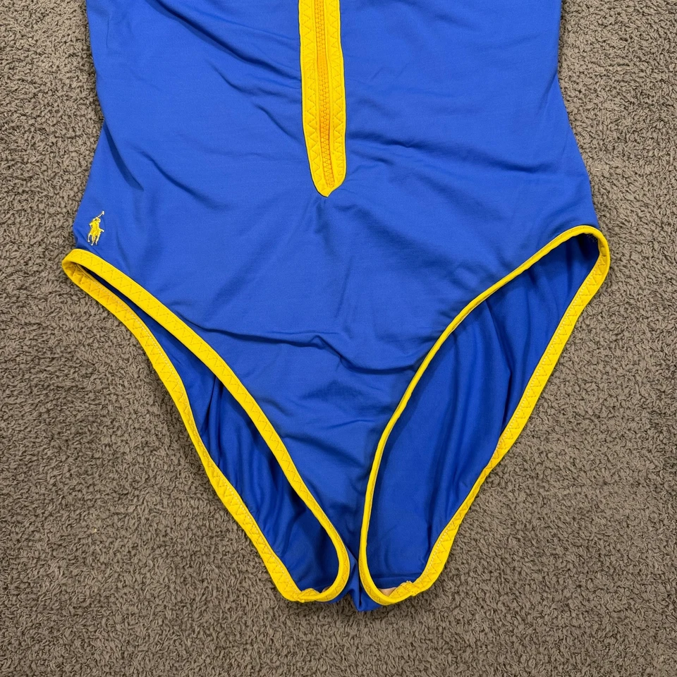 Ralph Lauren Swimsuit Womens 14 Blue Yellow Zip Front One Piece Racerback Sport - Image 3 of 4