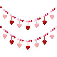 2 Pcs Valenltines Day Felt Garland, Red Pink Hearts Felt Garland Pom Poms Garlan