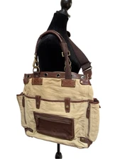Will Leather Goods Liverpool Tote Messenger Laptop Bag Tan Canvas Brown Leather 