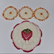 Vintage Handmade Crochet Doily Set Strawberry Floral Lace White Orange 4pc