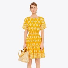 Tory Burch Marit Yellow Eyelet Smocked Mini Dress Size 4