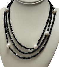 BLACK SPINEL BEADED WHITE PEARL ACCENT 58  LONG NECKLACE