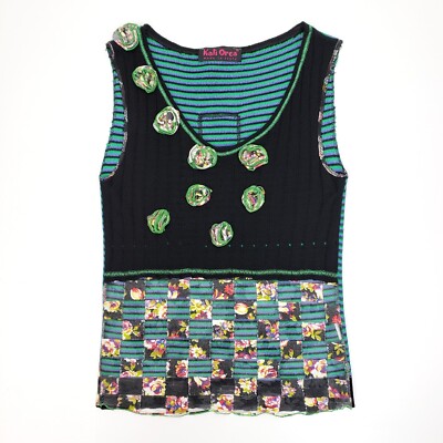 KALI OREA Elilhaam DUBAI Sleeveless Knit Tank Top Stripe Rib Applique Floral XS