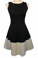 Eva Franco Anthropologie Strata Fit Flare Solid Black Striped Hem Dress  Size 2