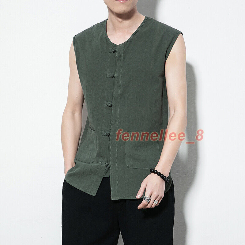 Men Chinese Tang Suit Top Sleeveless Vest Tai Chi Kung Fu Casual T