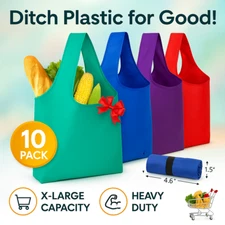 Reusable Grocery Bags Foldable Washable Heavy Duty Shopping Totes 10 Pack