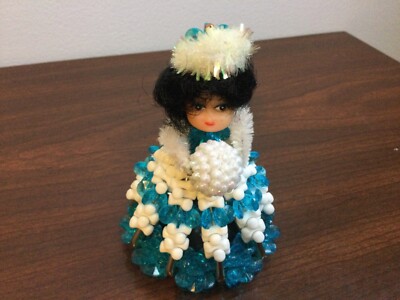 Safety Pin & Bead Handmade Doll Girl Figure Blue Dress Poof Shawl Brunette Updo