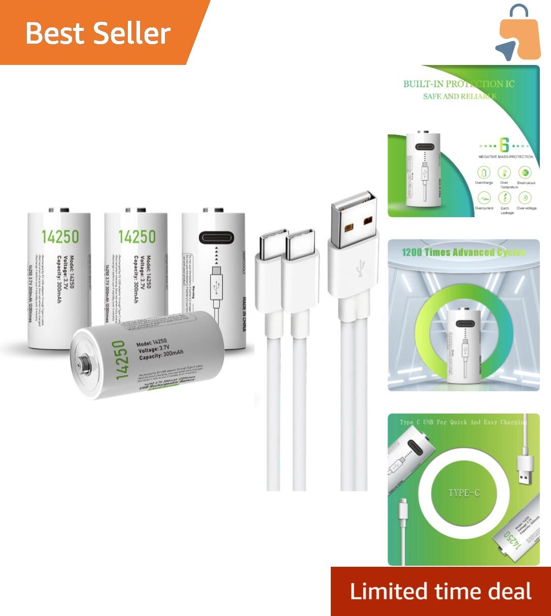 High-Capacity 3.7V Rechargeable Batteries with USB-C Fast Charge - Eco-Friendly-image