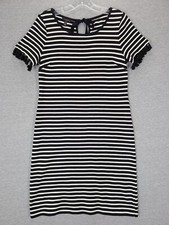 Talbots Womens Dress Sz Small Black White Stripe Short Sleeve Scoop Neck Tassels