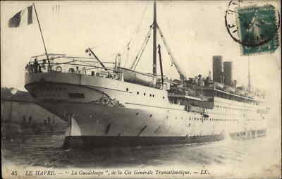 Antique Postcard LE HAVRE FRANCE La Guadeloupe STEAMER SHIP Stamp on Front