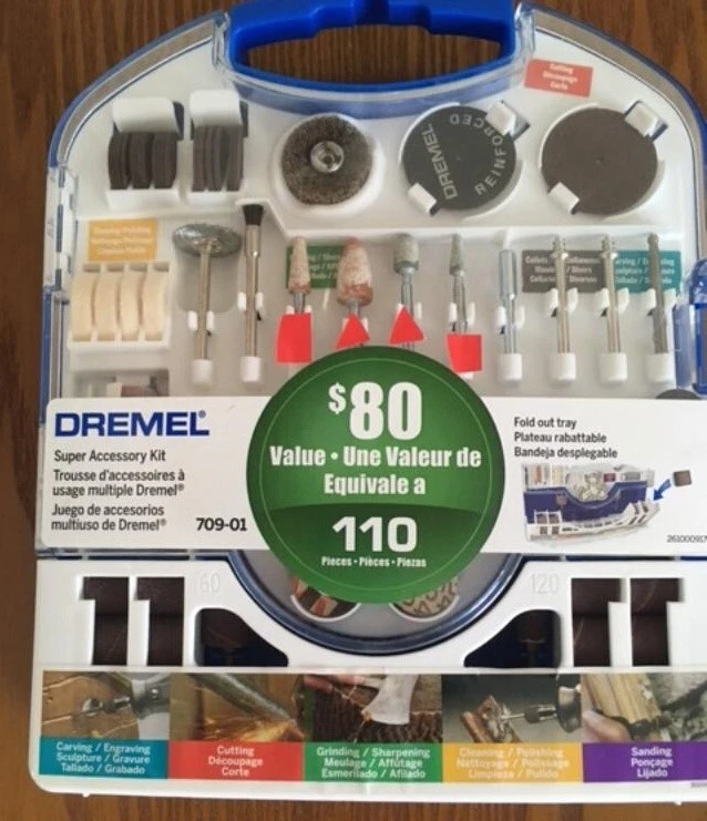 Dremel Tool Accessories Kit, 106pcs, 4 marked items are used, not counted