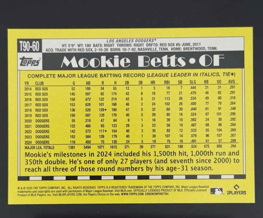 Mookie Betts 2025 Topps Series 1 #T90-60 35th Anniversary