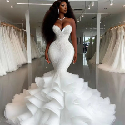 Mermaid Aso Ebi Wedding Dresses Beads Ruffles Train Sweetheart Bridal Gown