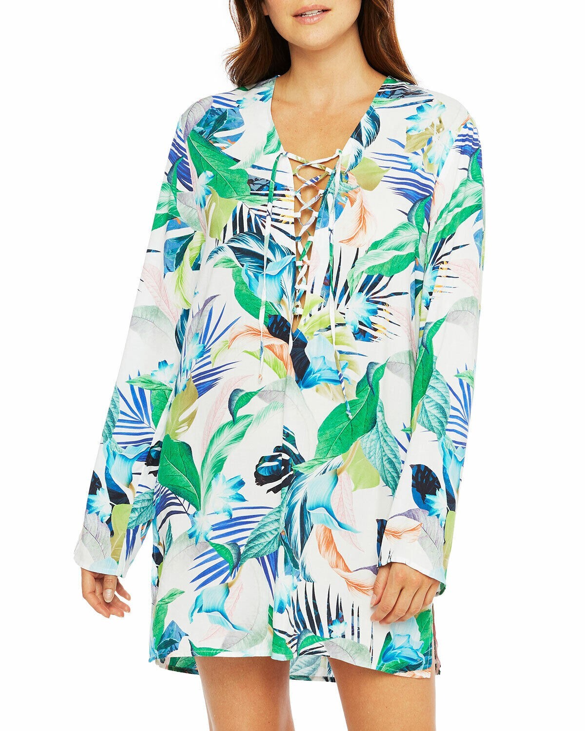 La Blanca In the Moment Lace Up Front VNeck Tunic Dress Swim Cover up