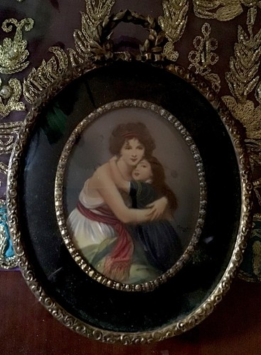 Pair Of Antique Miniature Portrait Paintings On Celluloid Brass Velvet Frame - Picture 2 of 8