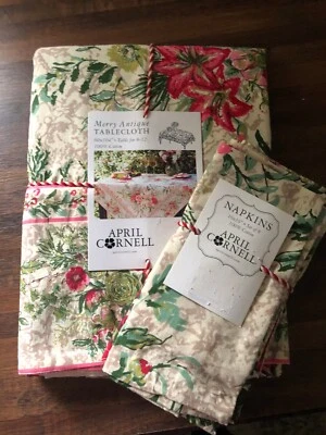 APRIL CORNELL NEW 60" X 104" TABLECLOTH & 8 NAPKINS ROSES HOLLY & BERRI CREAM