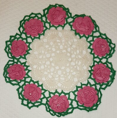 Vintage 3d Pink Handmade Rose Doily