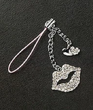 Cute Cell Phone Charm Strap Crystal Lips & Silver Heart Dangle Christmas Gift