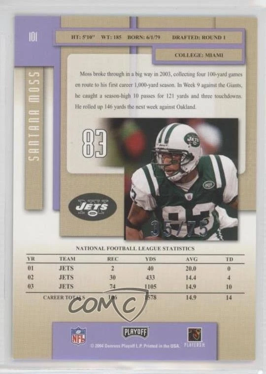 2004 Playoff Prestige Xtra Points Purple /75 Santana Moss #101 - Image 2 of 2