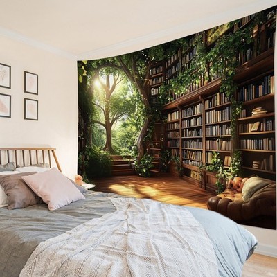 Retro Bookshelf Library Enchanted Forest Tapestry for Bedroom Living Room Dorm