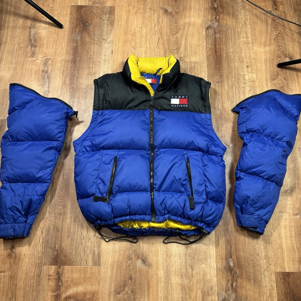 Chaqueta acolchada Tommy Hilfiger vintage para hombre mediana años 90 plumón de ganso chaleco convertible Foto 4 de 4