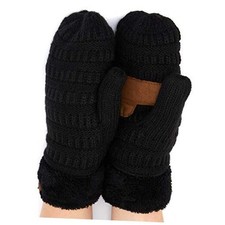 CC Super Thick Fuzzy Fleeced Lined Warm Winter Knitted Mittens Solid Black