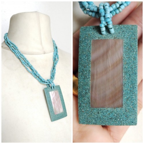 Inlay Seashell Rectangle Pendant, Turquoise Glass Bead Multi Strand Necklace