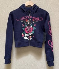 Ed Hardy Women's Purple Color Eagle Rose Cropped Zip Up Hoodie Size - Medium