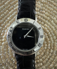 GUCCI 3000L Black & Silver Watch Quartz 25 mm Stainless Steel Embossing Leather