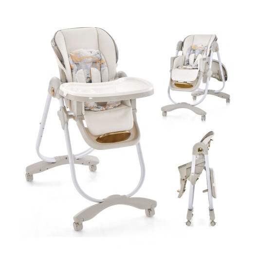 Folding Baby Dining High Chair with Adjustable Height and Recline-Gray - Color: