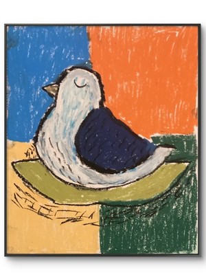 Abstract Geometric Colorful MCM Orange Green Blue Bird Doodle Art 11x14 on Paper